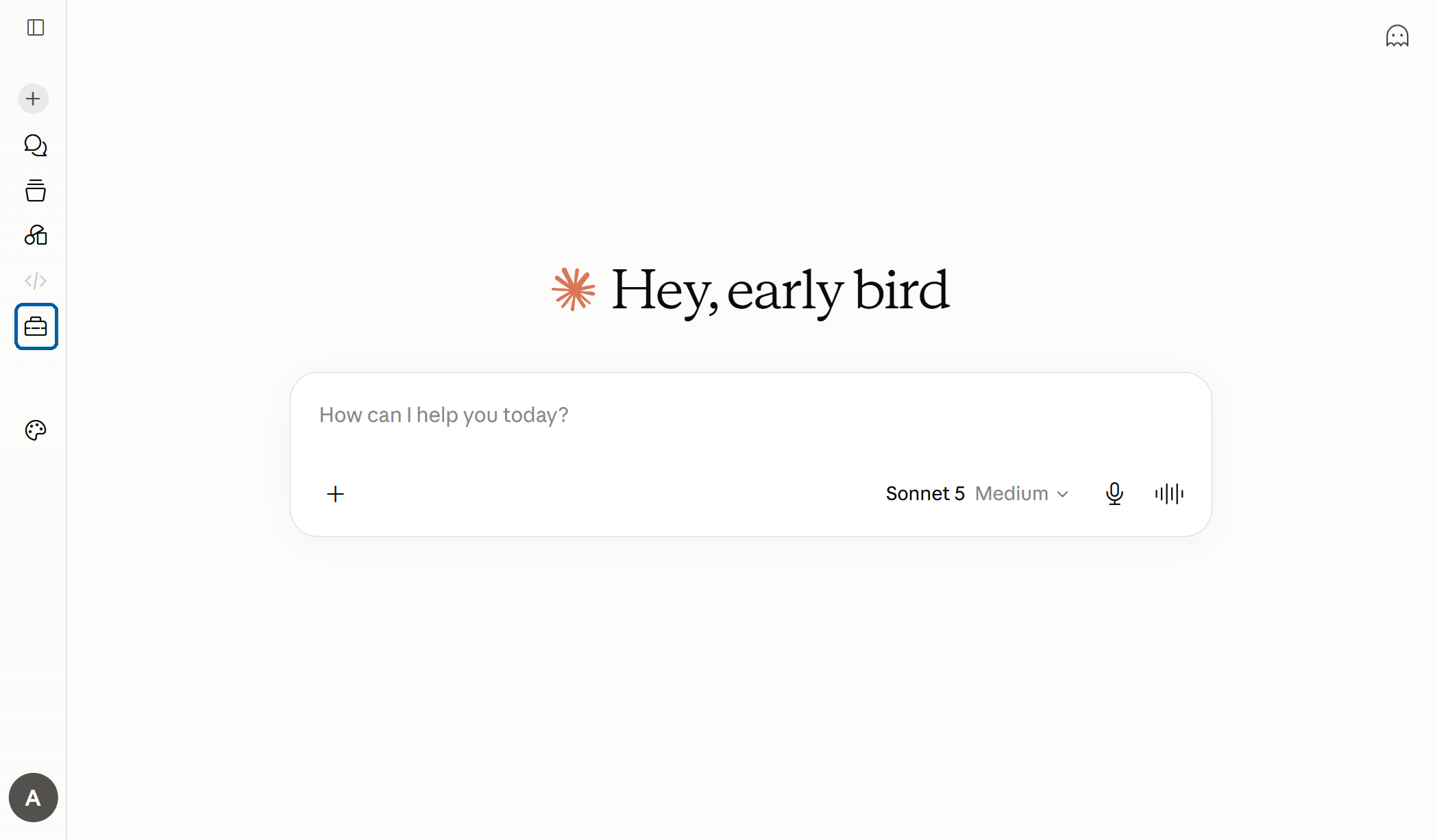 A Claude chat window on the &ldquo;Hey, early bird&rdquo; landing screen. The Customize button &mdash; a toolbox icon in the middle of the left sidebar &mdash; is highlighted with a blue circle.