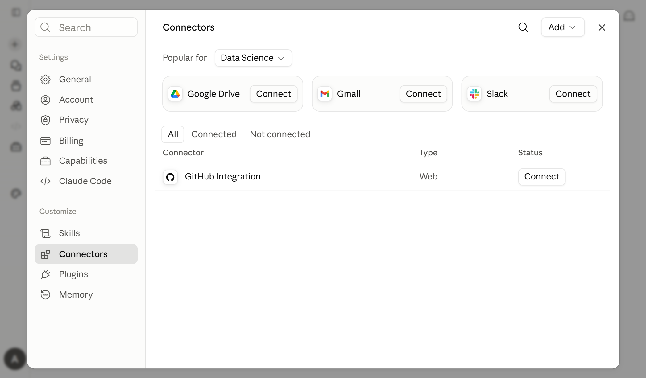 Claude settings modal open on the Connectors page. In the left rail under &ldquo;Customize,&rdquo; the &ldquo;Connectors&rdquo; item is selected. The main area shows featured connectors (Google Drive, Gmail, Slack) and a table of installed connectors.