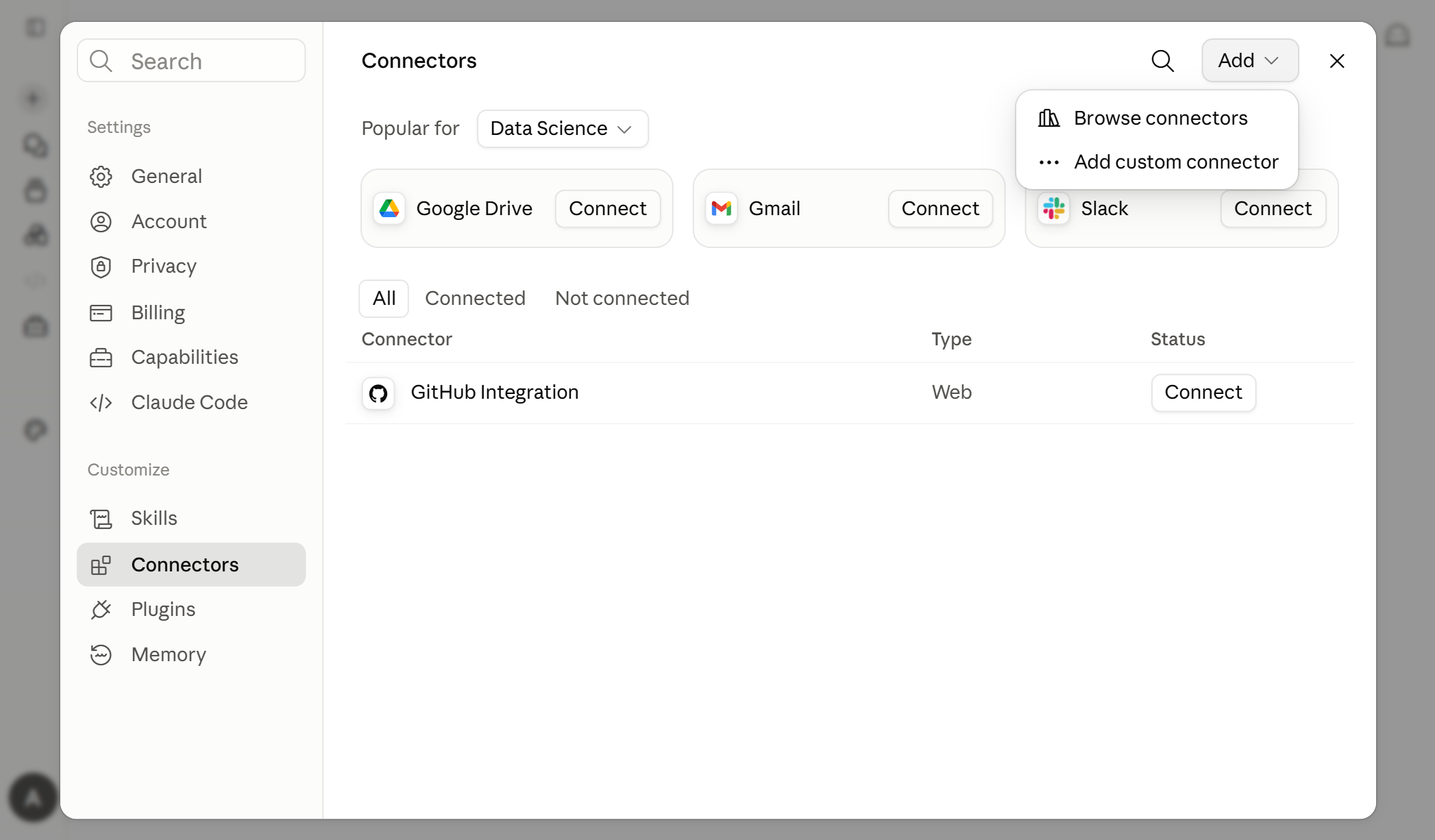 The Connectors page with the &ldquo;Add&rdquo; dropdown open in the top-right, showing two options: &ldquo;Browse connectors&rdquo; and &ldquo;Add custom connector.&rdquo;