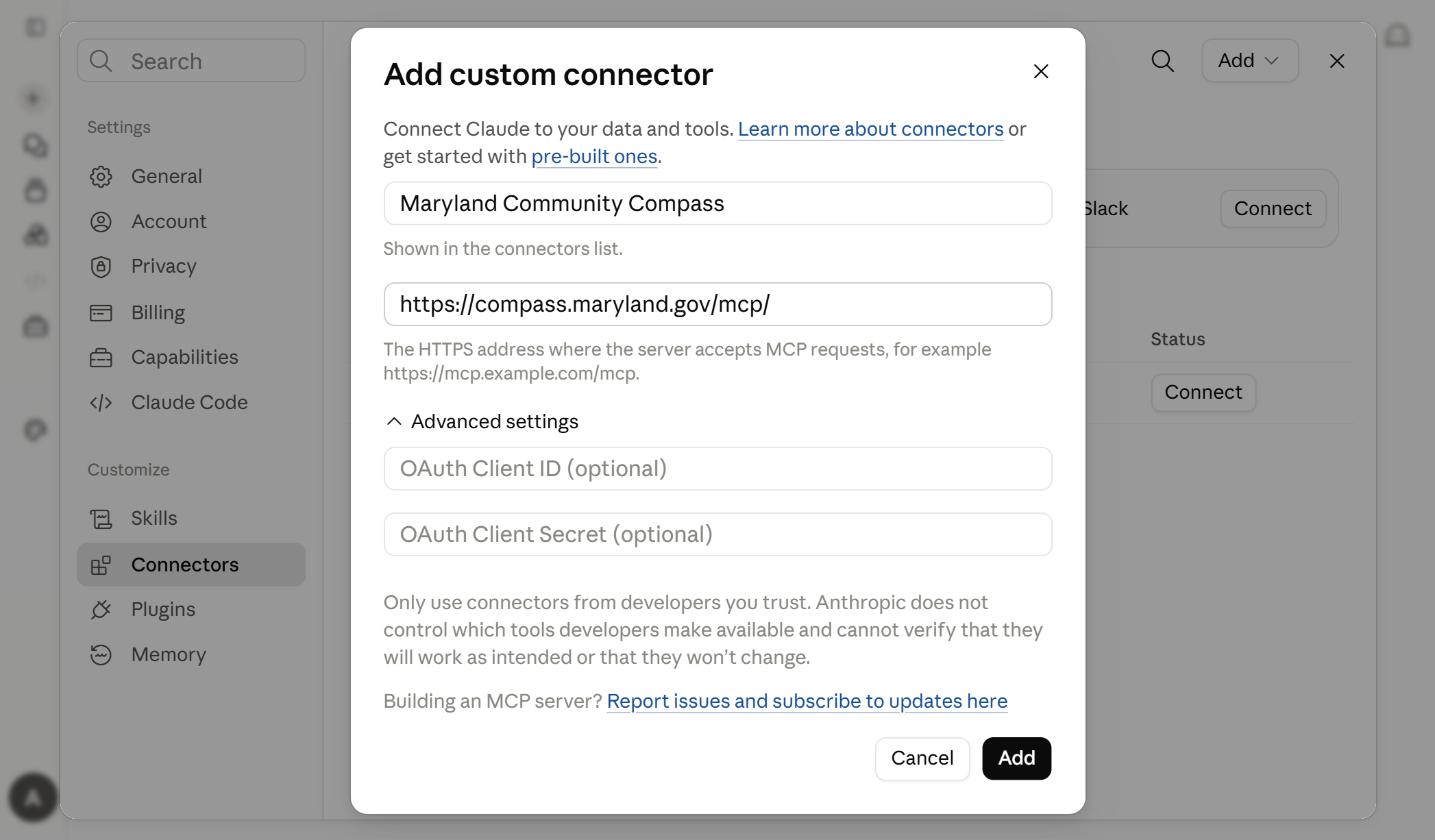 An &ldquo;Add custom connector&rdquo; modal with the Name field set to &ldquo;Maryland Community Compass&rdquo; and the server URL field set to the Compass MCP address. The OAuth Client ID and Client Secret fields are empty. An Add button is at the bottom right.