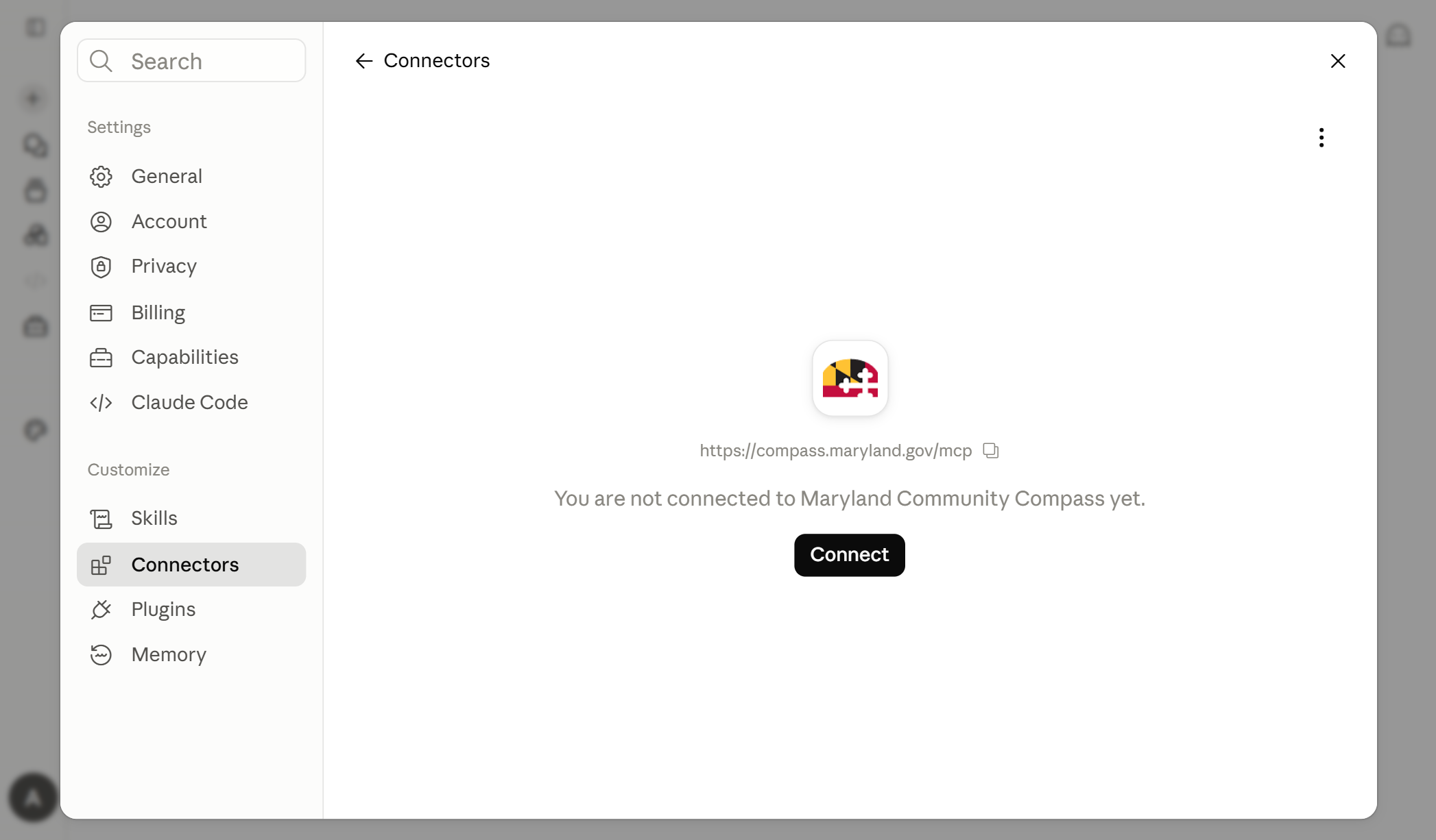 The Maryland Community Compass connector page with the Compass logo, its URL, the message &ldquo;You are not connected to Maryland Community Compass yet,&rdquo; and a black Connect button.